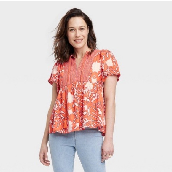 Knox Rose Orange Floral Flutter Sleeve Top - Picture 4 of 4